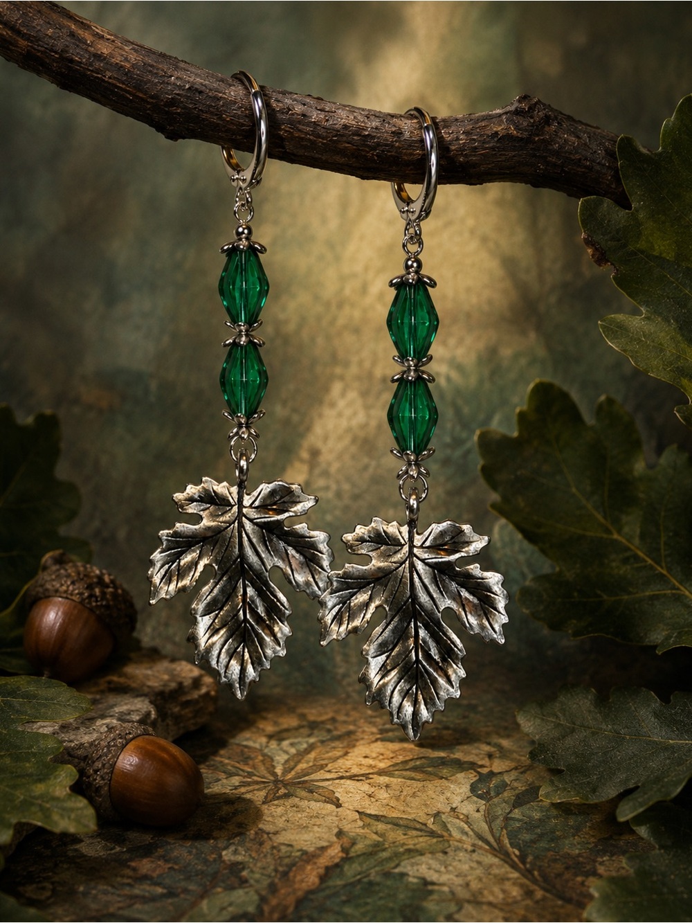 Boho Silver Leaf Earrings, Emerald Green Glass Beads, Gift Ready